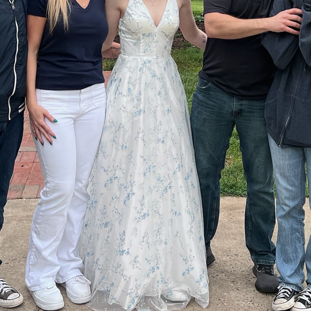 Blondie Nites Prom Dress. White with blue/silver glitter flowers. Size 3.